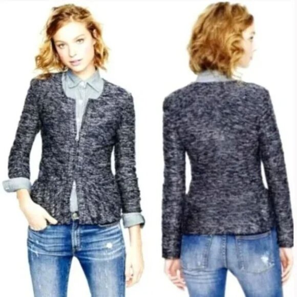 J. Crew Jackets & Blazers - J. Crew Womens Navy Blue White Tweed Boucle Peplum Blazer Jacket Size Small